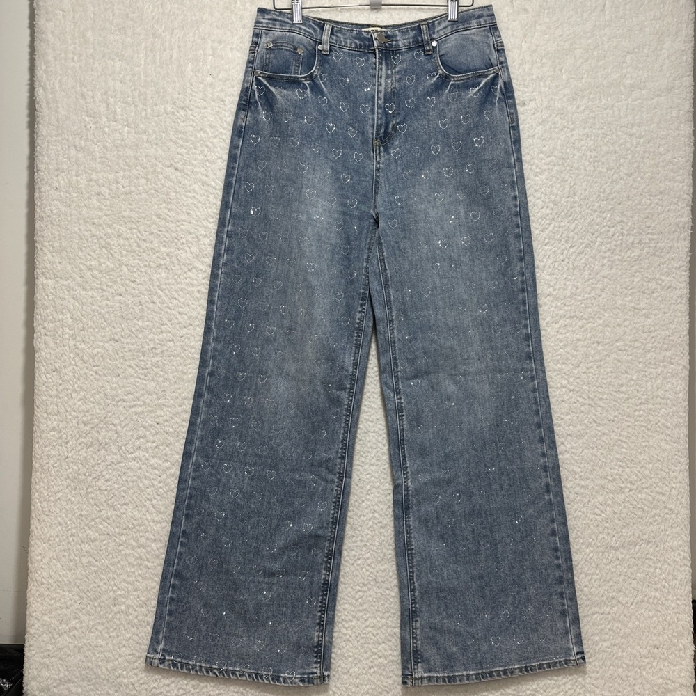 OAT New York High Rise Wide Leg Rhinestone Heart Denim Jeans Size 10/30